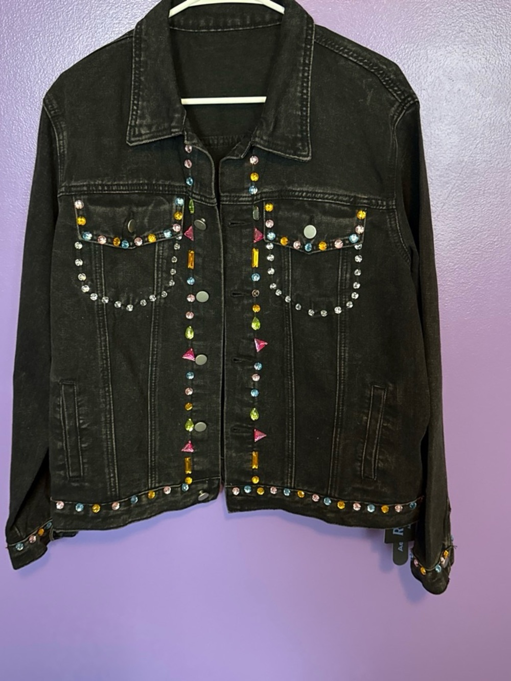 ROMWE Black Denim Jacket with Multicolor Gem Accents